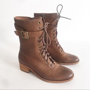 Kork-Ease Mona Leather Boots Brown Heeled Lace Up Combat Buckle Side Zip Sz 6.5